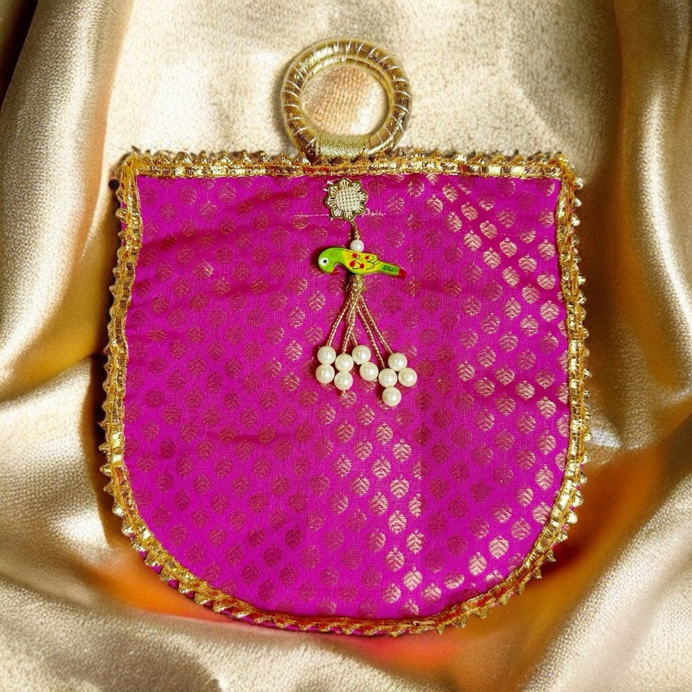 Handmade Vibrant Pink & Gold Gota Potli Bag With Bird Charm
